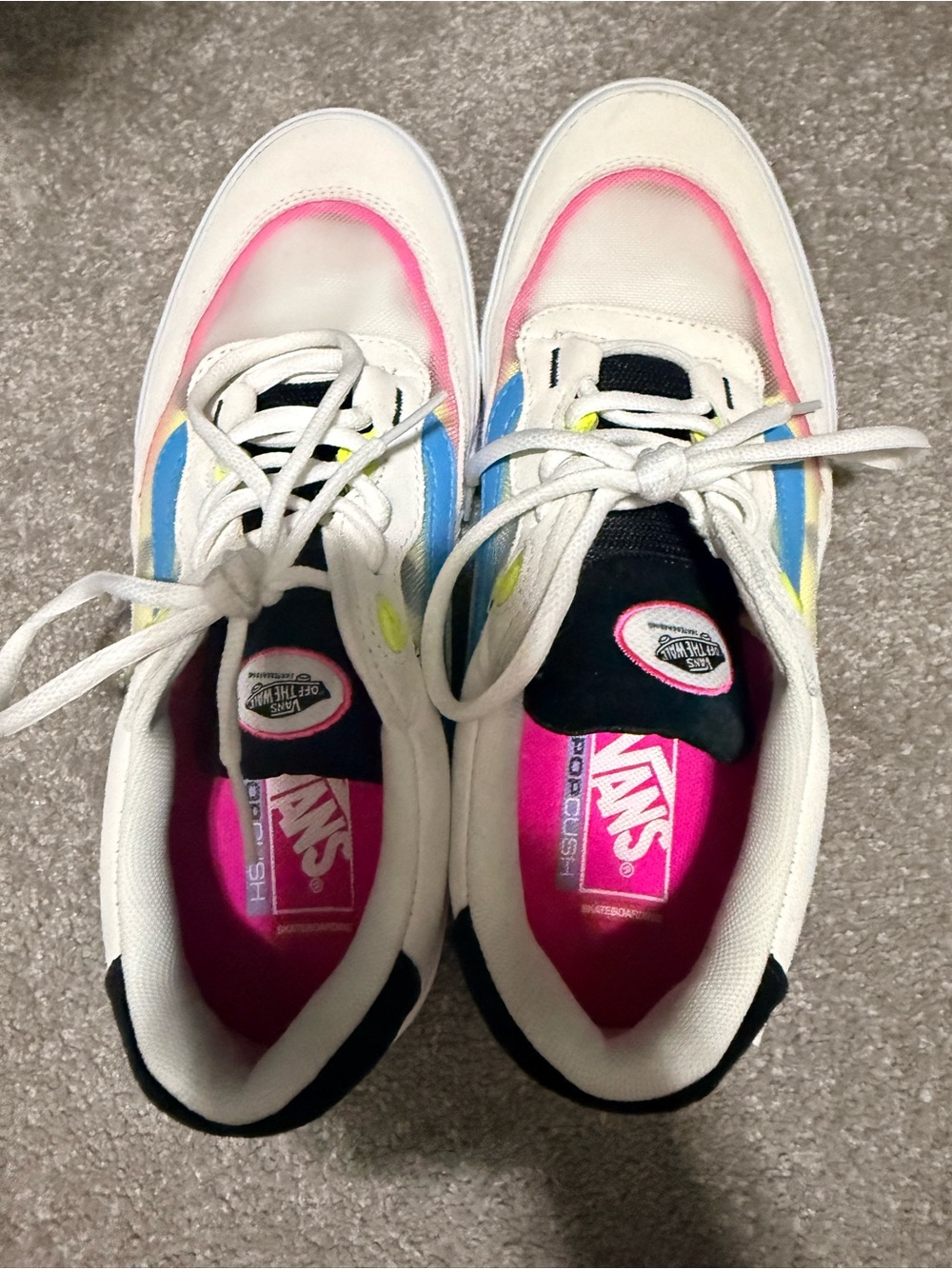 Vans Women's White Canvas Low-Top Sneakers with Pink and Blue Accents